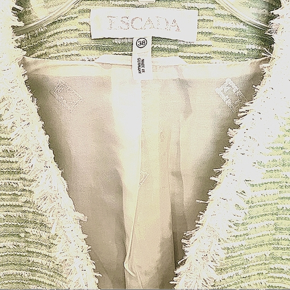 SOLD! ESCADA 8- 12 TWEED BOUCLE GREEN WHITE EYELASH WOOL COTTON SKIRT DRESS SUIT - Picture 10 of 11